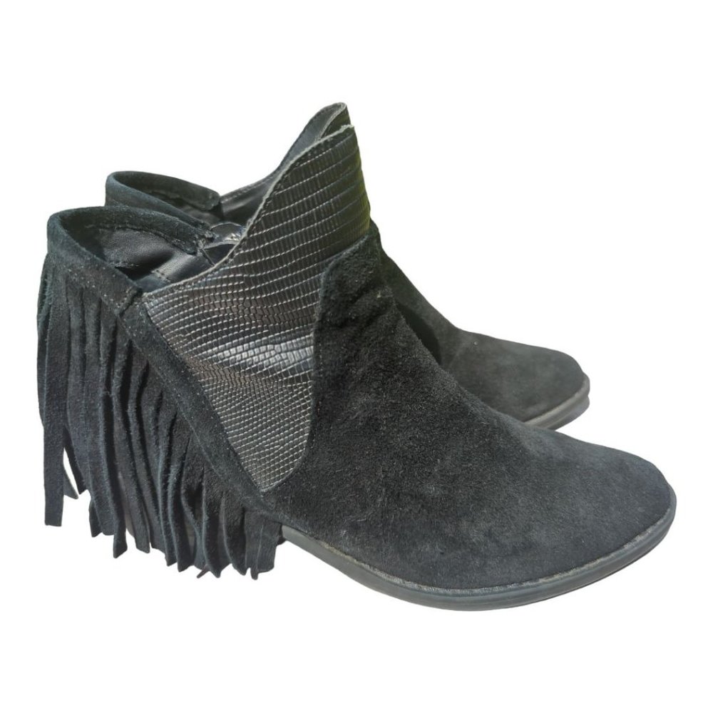 Reba Derbie Leather Suede Bootie Fringe Black Boots Size 6